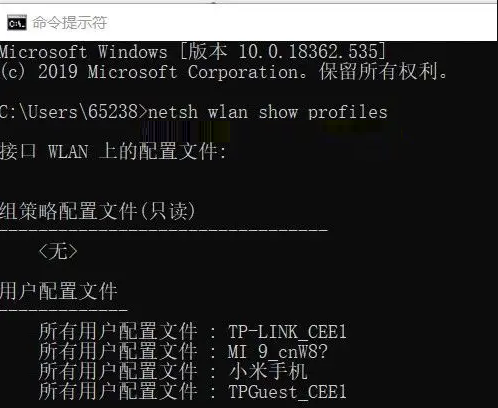 cmd命令，netsh wlan show profile