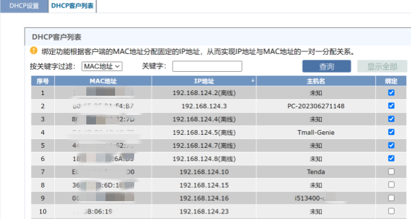 DHCP列表